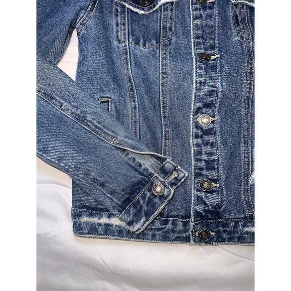 Hija De Tu Made Denim Jacket Women’s Size XS Blue Sequin Mexican Flag Distressed - Picture 6 of 16